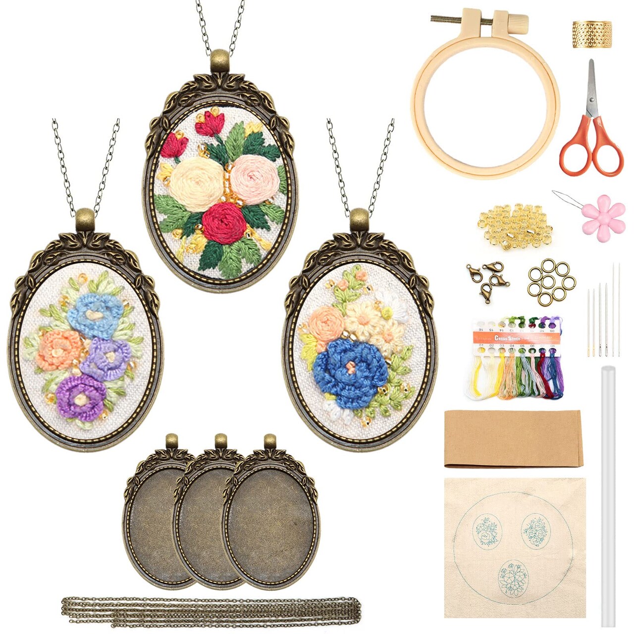 3 Packs Embroidery Necklace Kit, Embroidery Pendant Kits Mini Cross Stitch Kit with Hoop, Necklace, Pendant, Beads, Stamped Pattern Cloth, Instructions, etc., Embroidery Kits for Adults